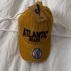 NWT Lucky 7 USA Fashion Headwear Mustard Yellow/Navy Font Atlantic Beach Hat